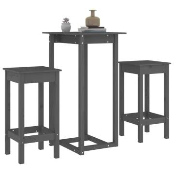 3 Piece Bar Set Grey Solid Wood Pine | Stylish & Sturdy Design