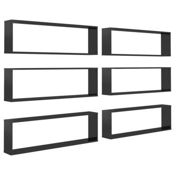 High Gloss Black Wall Cube Shelf Set - 6 pcs | Hipomarket