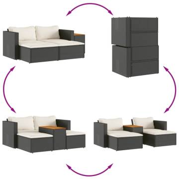 5 Piece Garden Sofa Set with Cushions - Black Poly Rattan