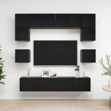 8 Piece Black Engineered Wood TV Cabinet Set - Stylish Storage