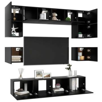 8 Piece Black Engineered Wood TV Cabinet Set - Stylish Storage