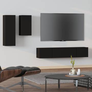 4 Piece Black Engineered Wood TV Cabinet Set - Stylish Storage