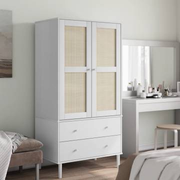 Wardrobe SENJA Rattan Look White - Stylish Solid Pine Storage