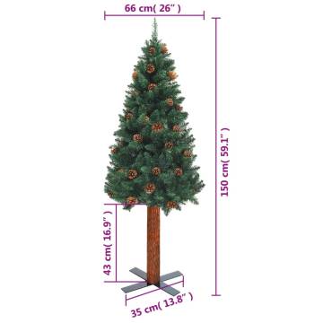 Slim Christmas Tree with Real Wood & Cones - 150 cm Green