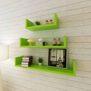 3 Green MDF U-shaped Floating Wall Display Shelves