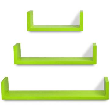 3 Green MDF U-shaped Floating Wall Display Shelves