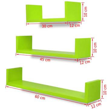 3 Green MDF U-shaped Floating Wall Display Shelves