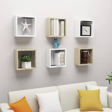 Wall Cube Shelves Set - 6pcs White & Sonoma Oak | HipoMarket UK