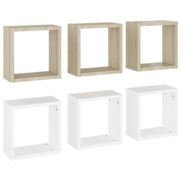 Wall Cube Shelves Set - 6pcs White & Sonoma Oak | HipoMarket UK