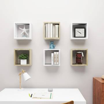 Wall Cube Shelves Set - 6pcs White & Sonoma Oak | HipoMarket UK