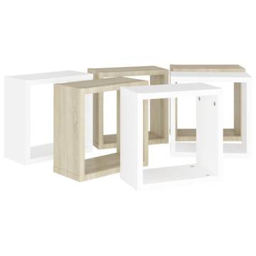 Wall Cube Shelves Set - 6pcs White & Sonoma Oak | HipoMarket UK