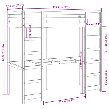 Loft Bed Frame with Desk 90x190 cm | Solid Wood Pine