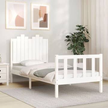 White Single Bed Frame with Headboard - Solid Pine 90x190 cm