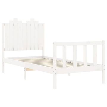 White Single Bed Frame with Headboard - Solid Pine 90x190 cm