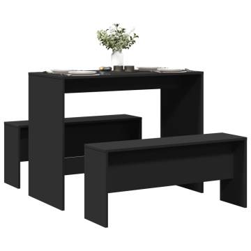 3 Piece Dining Table and Bench Set - Black Engineered Wood