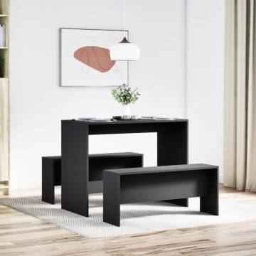 3 Piece Dining Table and Bench Set - Black Engineered Wood