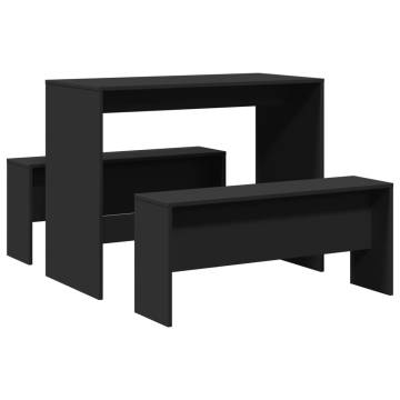 3 Piece Dining Table and Bench Set - Black Engineered Wood