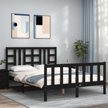 Black Double Bed Frame with Headboard - Solid Pine Wood