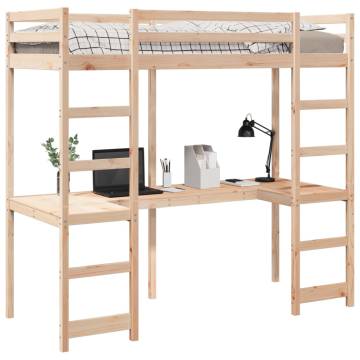 Loft Bed Frame with Desk - Solid Pine, 90x200 cm | HipoMarket