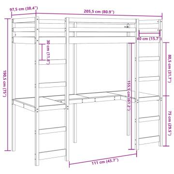 Loft Bed Frame with Desk - Solid Pine, 90x200 cm | HipoMarket