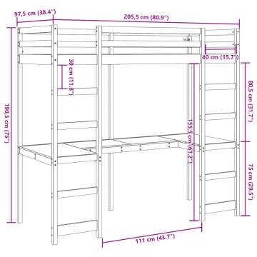 Loft Bed Frame with Desk - Wax Brown Solid Pine 90x200 cm