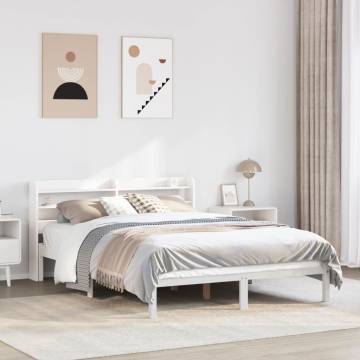 White Bed Frame with Headboard 140x200 cm - Solid Pine Wood